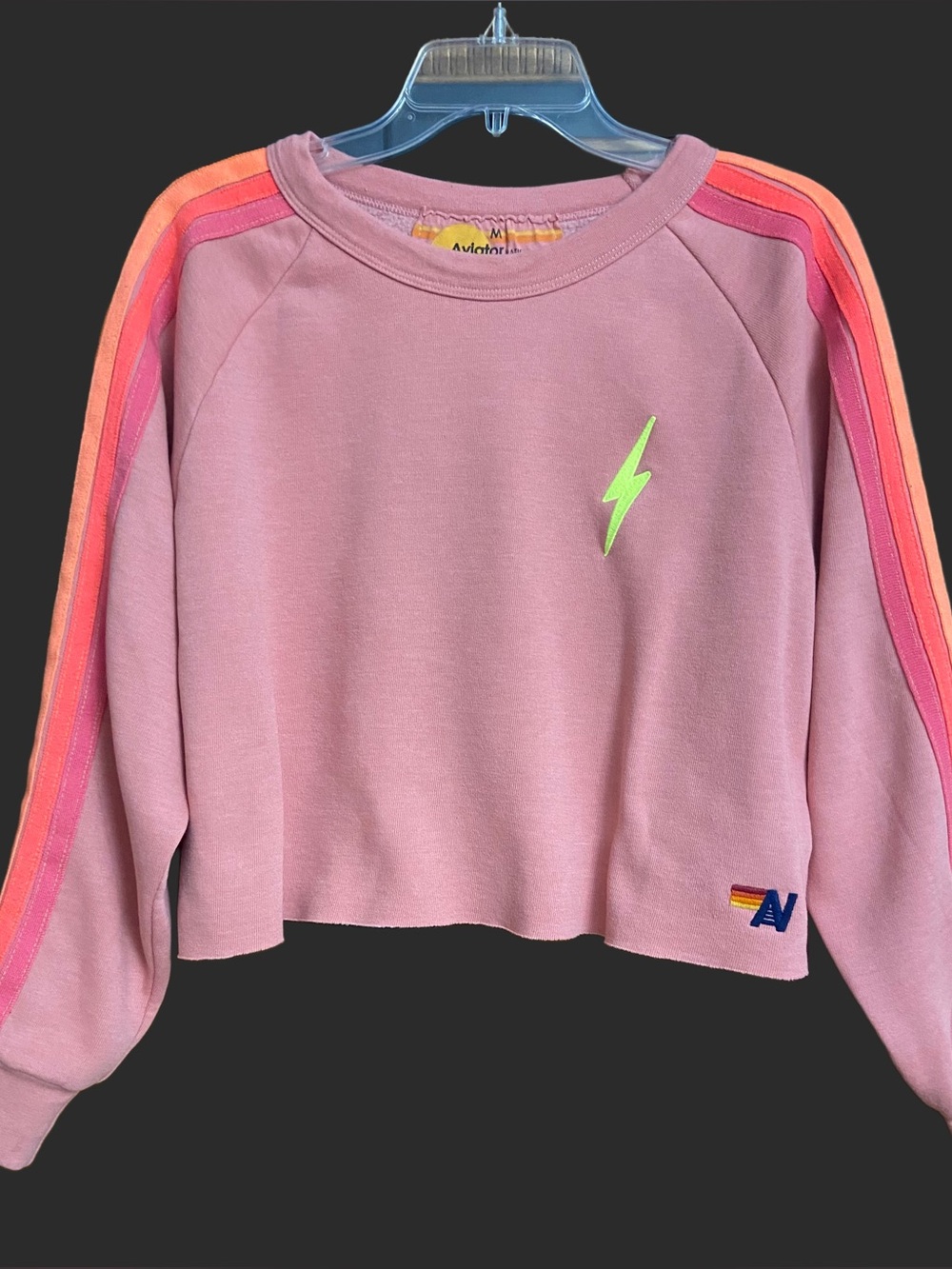 Aviator Nation Bolt Cropped Sweatshirt in Rose w/Neon Rainbow Stripes -M in EUC